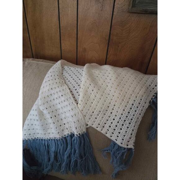 Handmade Blue Crochet Dress & Ivory Scarf Set Fringe Boho Beach Outfit - Picture 3 of 12